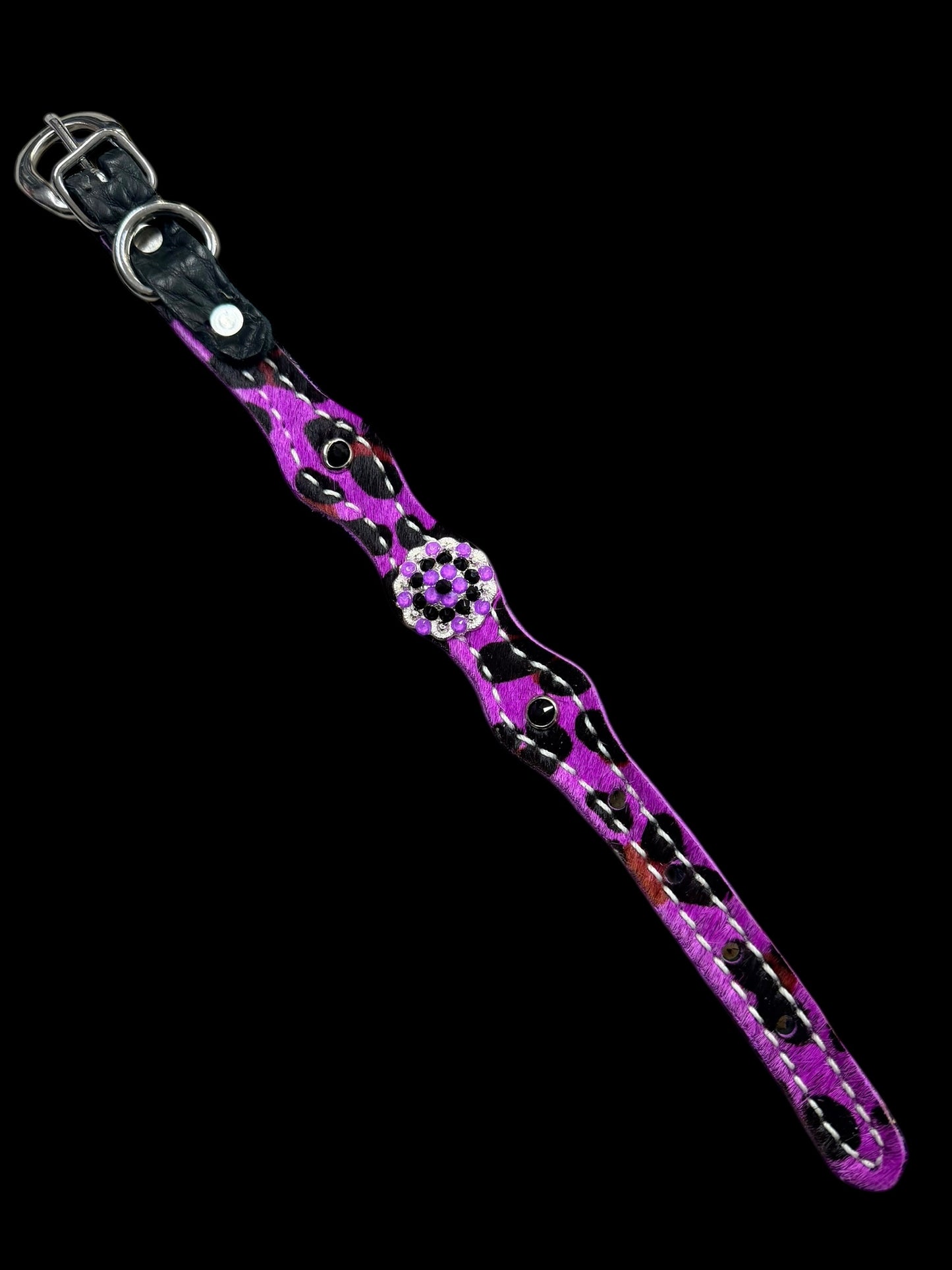 Hot Purple leopard on black leather