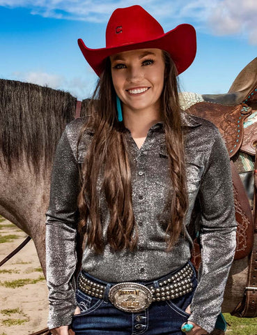 Cowgirl Tuff Pullover Button-Up (silver shimmer)