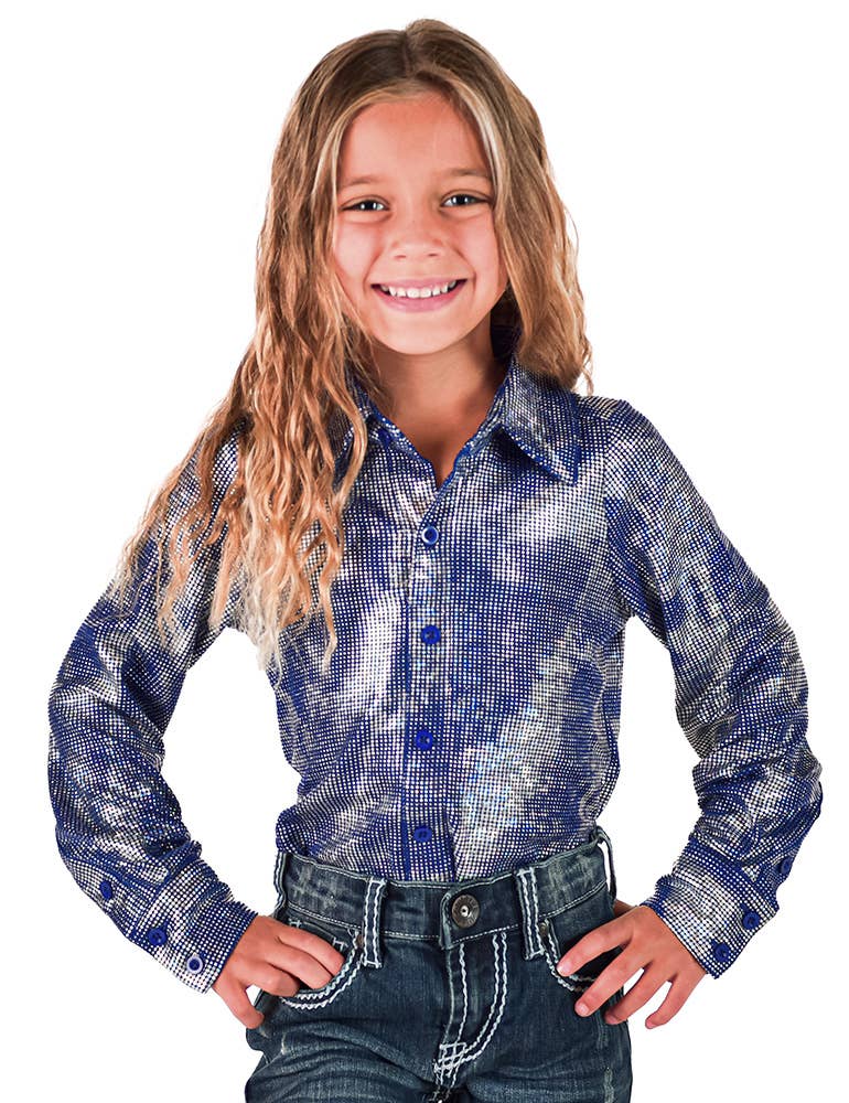 Girls Royal Blue & Silver Iridescent Stretch Lightweight Pullover Button Up