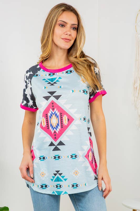 CINDY AZTEC-COW PRINT COLOR BLOCK SS TEE