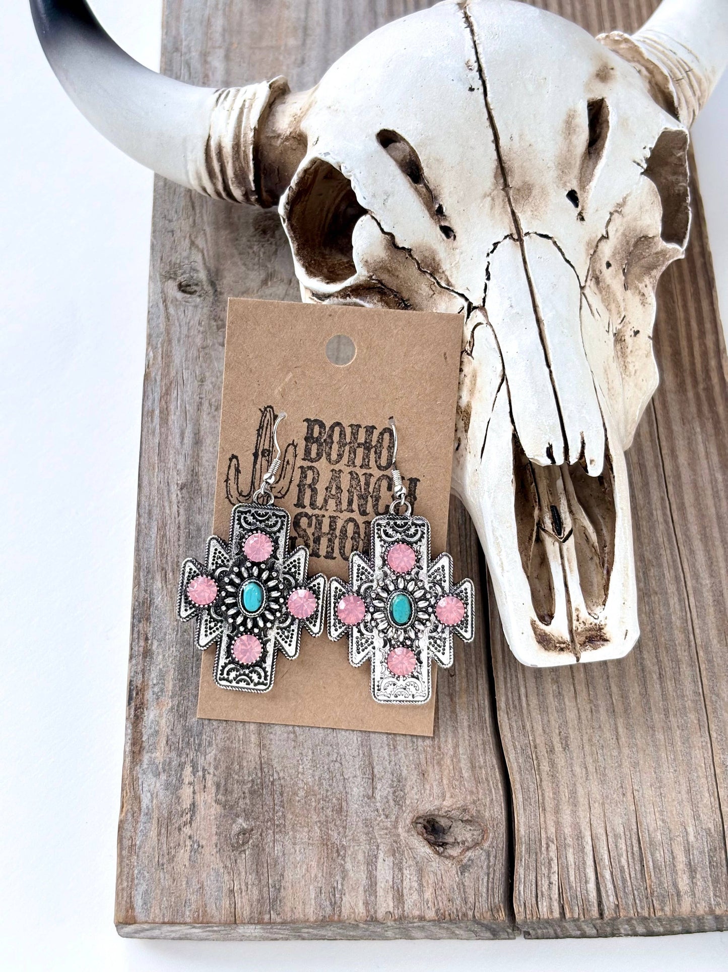 Western Style Aztec Cross Turquoise Stone Dangle Earrings: CLEAR STONE
