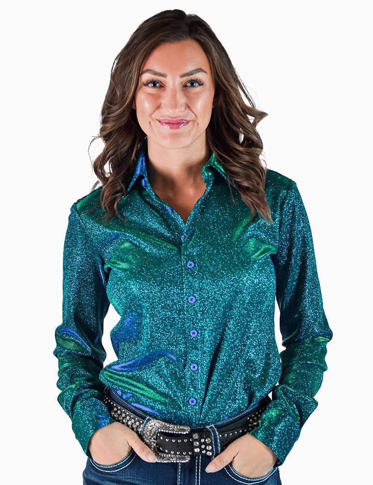 Turquoise Iridescent Shimmer Satin Pullover Button Up