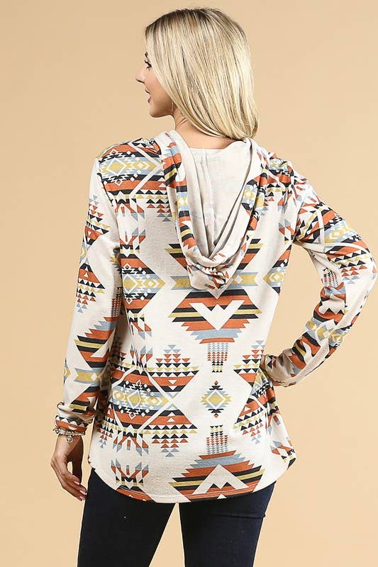 LAUREN AZTEC PRINT ULTRA SOFT HACCI HOODIE: MUSTARD