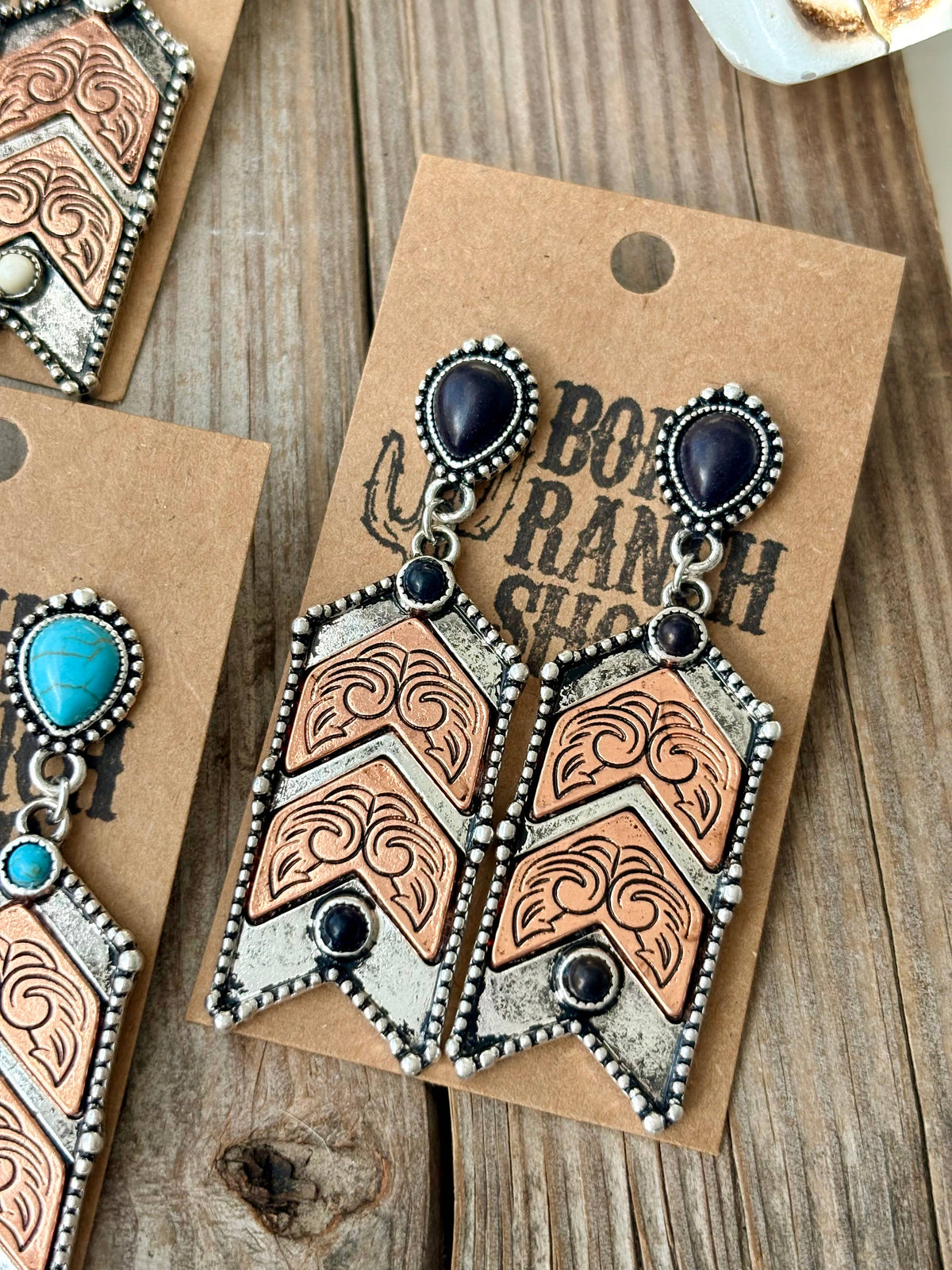 Western Style Turquoise Stone Chevron Dangle Earrings: Black