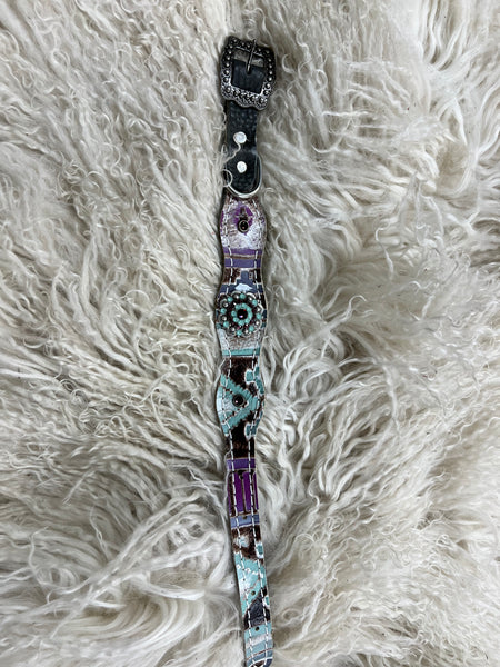 Mint and purple Navajo on dark leather