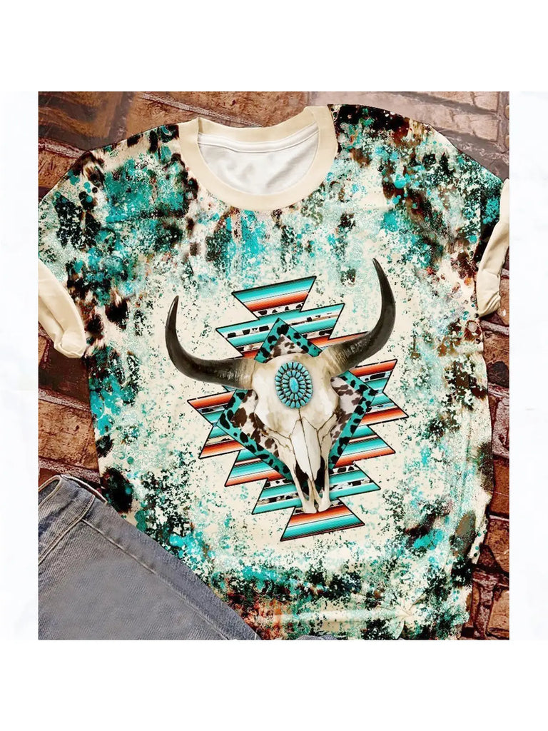 Aztec Pattern Crew Neck Western Apparel Summer T-Shirt - skull
