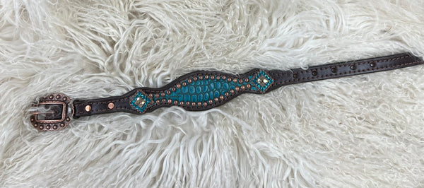 Teal gator on dark leather