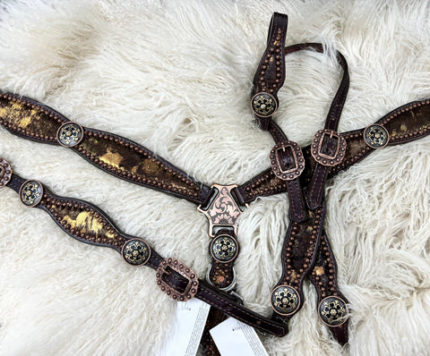 copper and brown acid washed on dark leather
